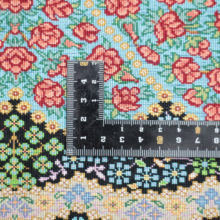高級ペルシャ絨毯 クム産 シルク100％ KHAKI工房｜薔薇柄 ターコイズ×レッド｜80×60cm（FS-13367）