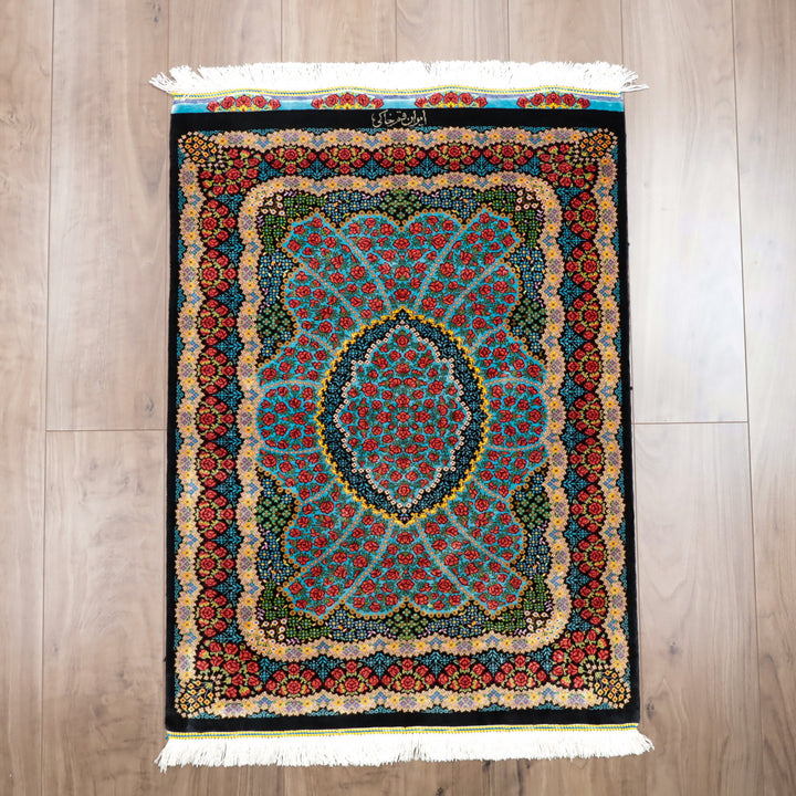 高級ペルシャ絨毯 クム産 シルク100％ KHAKI工房｜薔薇柄 ターコイズ×レッド｜80×60cm（FS-13367）