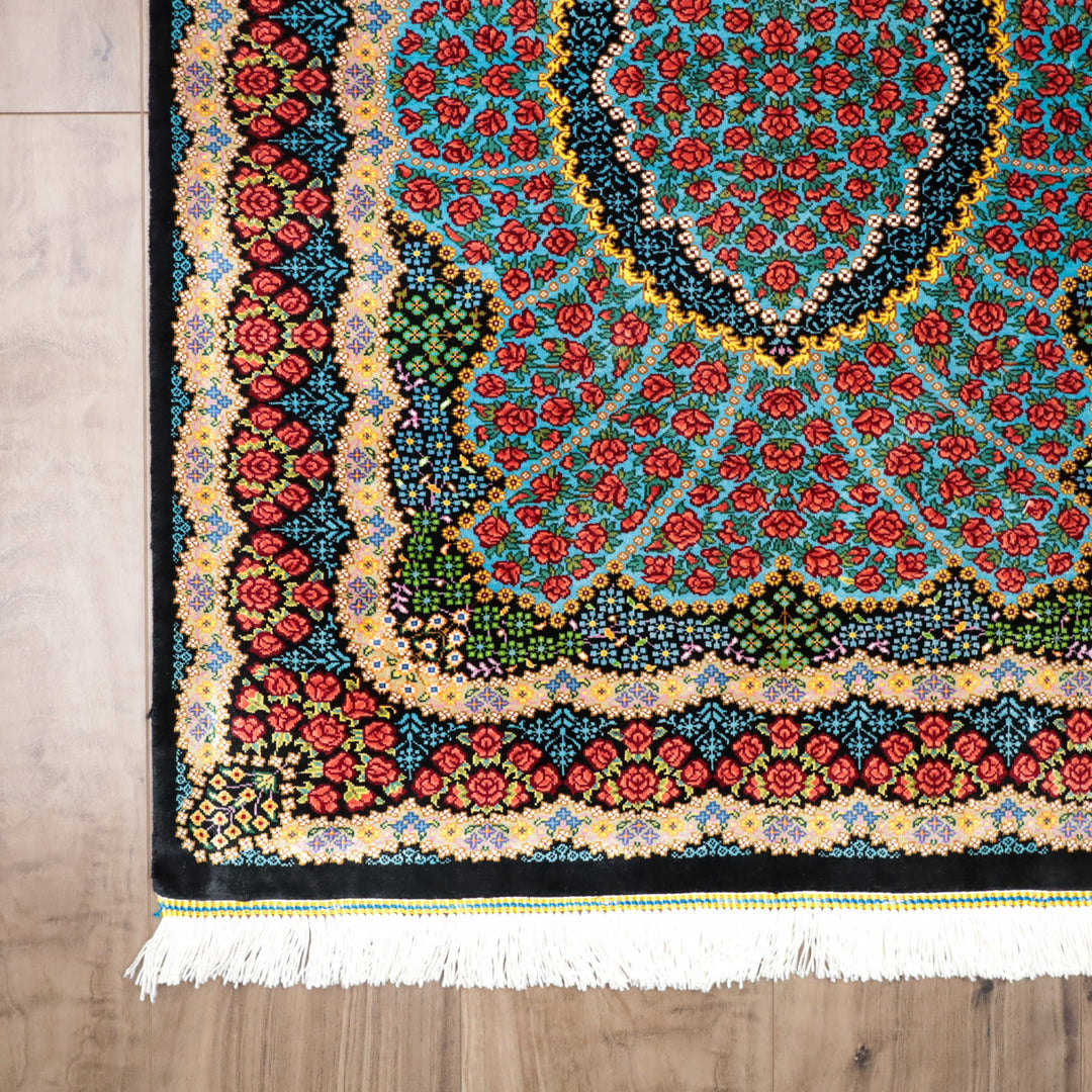 高級ペルシャ絨毯 クム産 シルク100％ KHAKI工房｜薔薇柄 ターコイズ×レッド｜80×60cm（FS-13367）