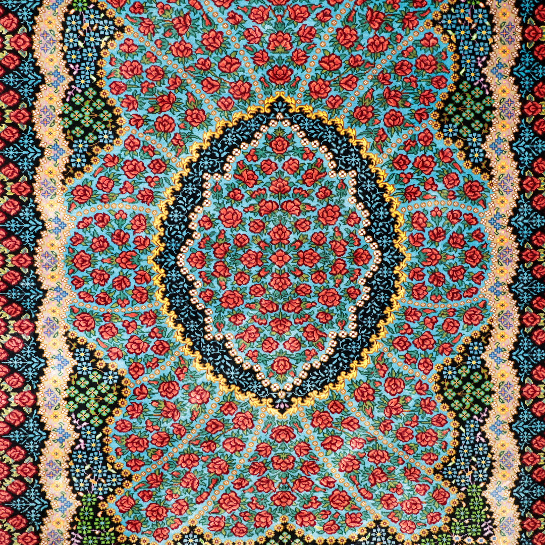 高級ペルシャ絨毯 クム産 シルク100％ KHAKI工房｜薔薇柄 ターコイズ×レッド｜80×60cm（FS-13367）