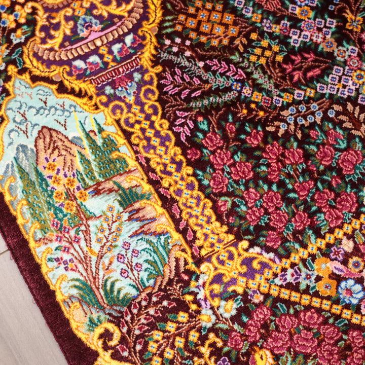 高級ペルシャ絨毯 クム産 シルク100％ ESMAELI工房｜生命の木・風景柄 ワイン×ゴールド｜93×60cm（FS-13369）