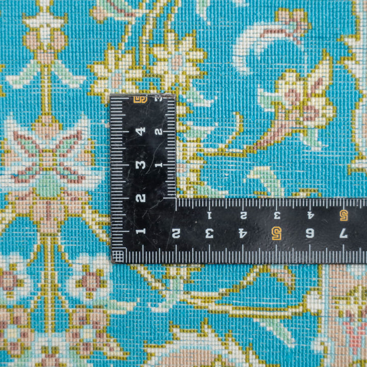 高級ペルシャ絨毯 クム産 シルク100％｜花メダリオン柄 ターコイズ×ゴールド｜93×60cm（FS-13371）