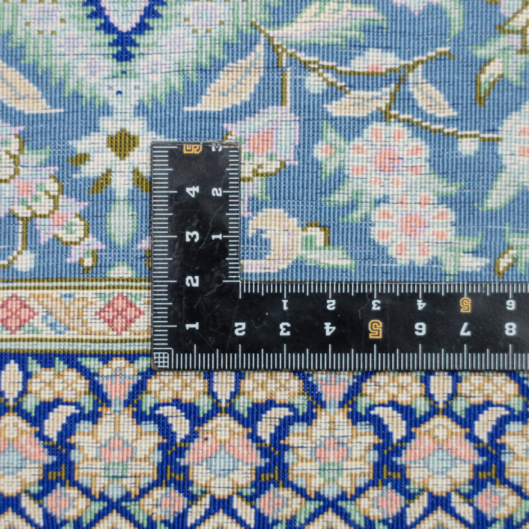 高級ペルシャ絨毯 クム産 シルク100％ KHAKI工房｜トランジ柄 ブルーグリーン×ゴールド｜81×58cm（FS-13373）
