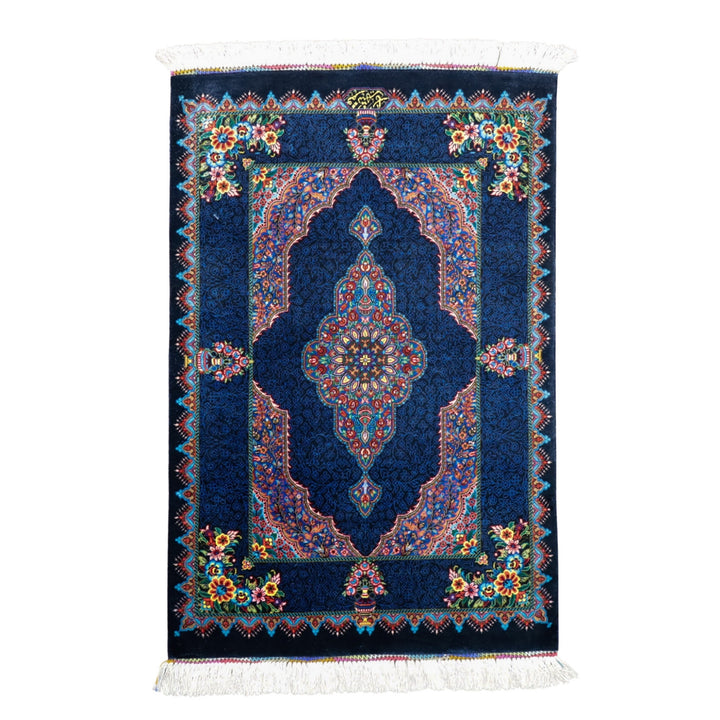 高級ペルシャ絨毯 クム産 シルク100％ SHAHRYAR工房｜花メダリオン柄 ネイビー×マルチカラー｜73×48cm（FS-13374）