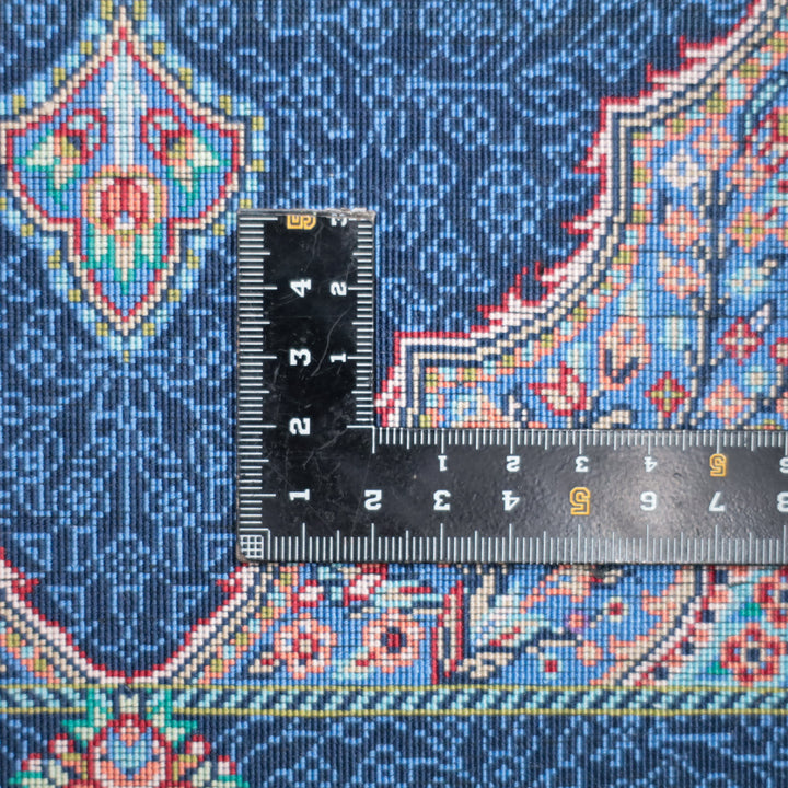 高級ペルシャ絨毯 クム産 シルク100％ SHAHRYAR工房｜花メダリオン柄 ネイビー×マルチカラー｜73×48cm（FS-13374）