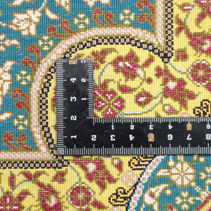 高級ペルシャ絨毯 クム産 シルク100％ BAGHERMANESH工房｜メダリオン柄 ブルーグリーン×ローズ｜89×60cm（FS-13380）