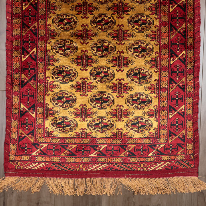 ペルシャ絨毯 トルクメン産 シルク100％ 両面手織り｜ギュル・四区画柄 レッド×ゴールド｜86×61cm（FS-13384）