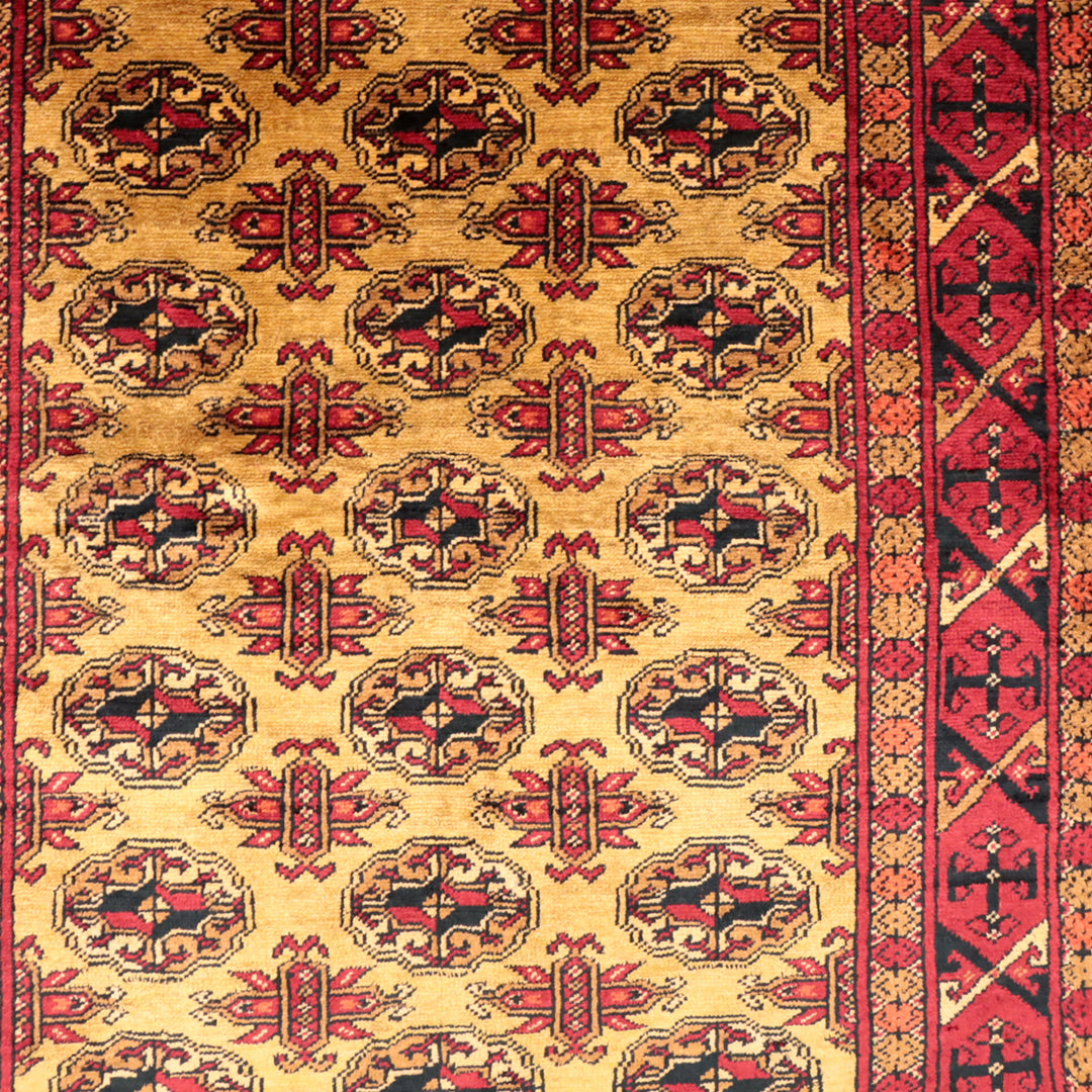 ペルシャ絨毯 トルクメン産 シルク100％ 両面手織り｜ギュル・四区画柄 レッド×ゴールド｜86×61cm（FS-13384）