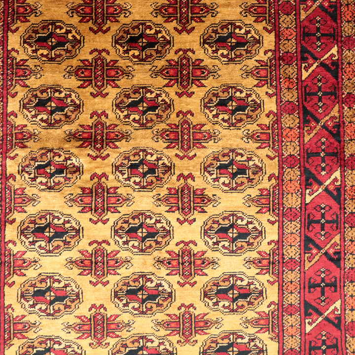 ペルシャ絨毯 トルクメン産 シルク100％ 両面手織り｜ギュル・四区画柄 レッド×ゴールド｜86×61cm（FS-13384）