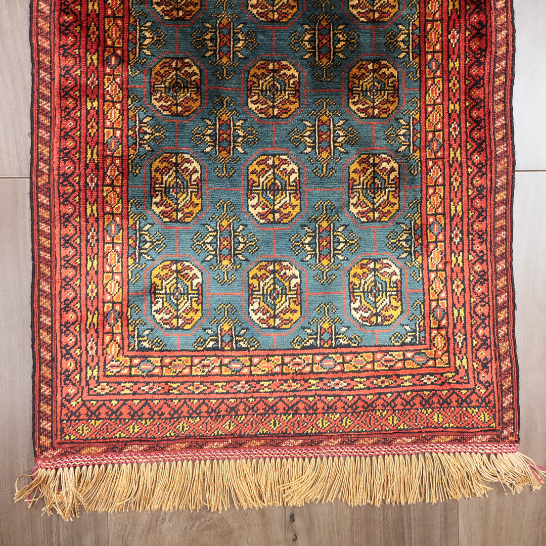 ペルシャ絨毯 トルクメン産 シルク100％ 両面手織り｜区画・ギュル柄 レッド×ブルーグリーン｜62×41cm（FS-13385）