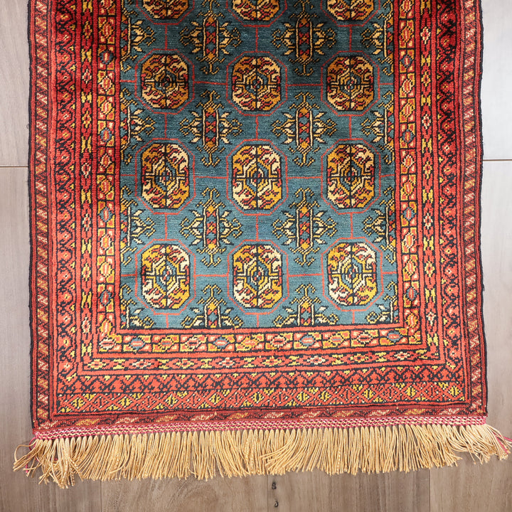 ペルシャ絨毯 トルクメン産 シルク100％ 両面手織り｜区画・ギュル柄 レッド×ブルーグリーン｜62×41cm（FS-13385）