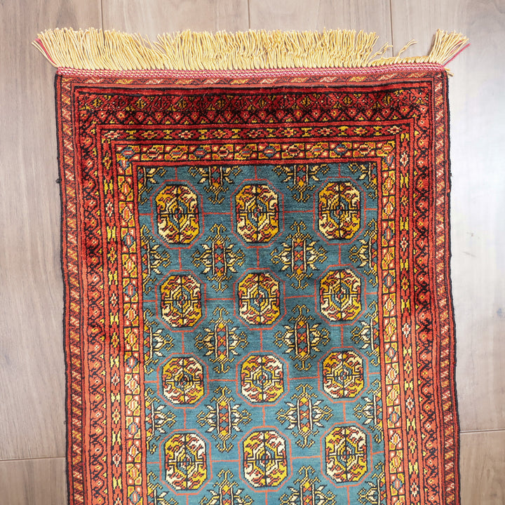 ペルシャ絨毯 トルクメン産 シルク100％ 両面手織り｜区画・ギュル柄 レッド×ブルーグリーン｜62×41cm（FS-13385）
