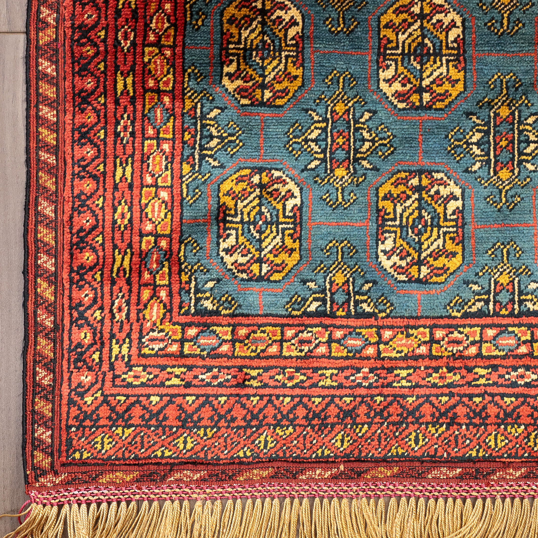 ペルシャ絨毯 トルクメン産 シルク100％ 両面手織り｜区画・ギュル柄 レッド×ブルーグリーン｜62×41cm（FS-13385）