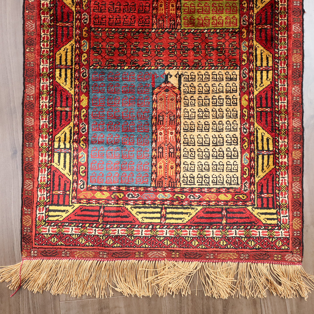 ペルシャ絨毯 トルクメン産 シルク100％ 両面手織り｜ギュル・区画柄 レッド×ゴールド｜64×43cm（FS-13386）
