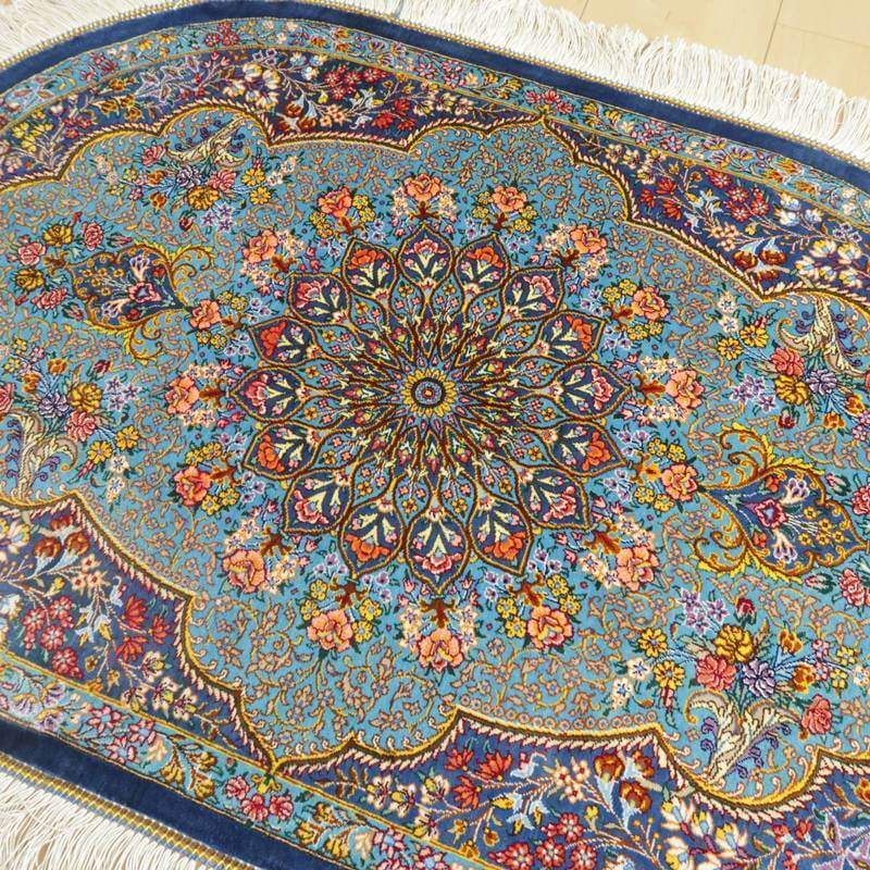 高級ペルシャ絨毯クム、シルク100％ 89×61cm（FS-2114）