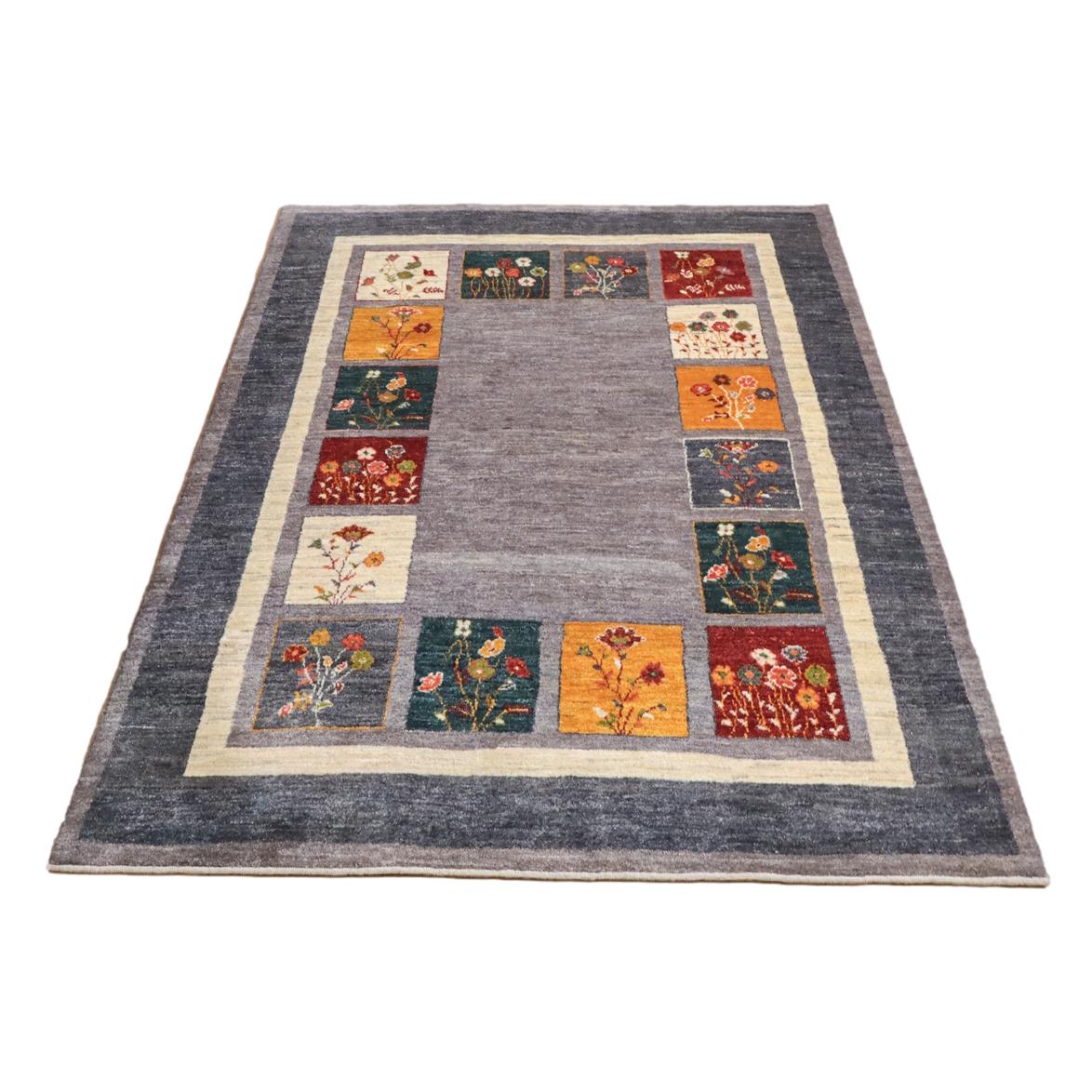 プレミアムギャッベ,ルリバフ,236×176cm,高級手織りウール,グレー,花柄