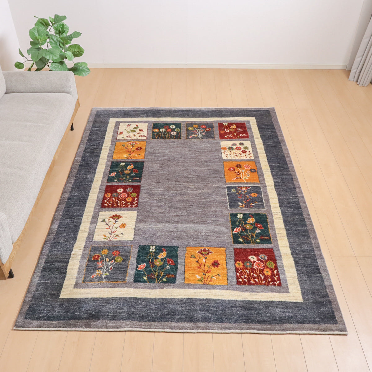 ギャッベ　絨毯 プレミアムギャッベ,ルリバフ,236×176cm,高級手織りウール,グレー,花柄