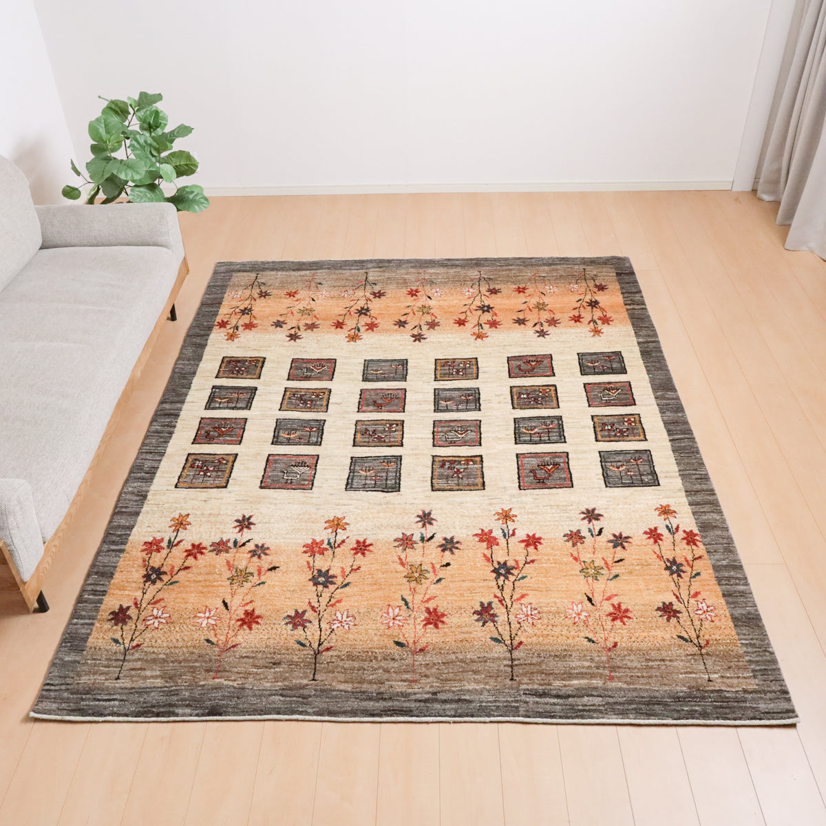 プレミアムギャッベ,リーズバフ,249×200cm,高級手織りウール,ベージュ