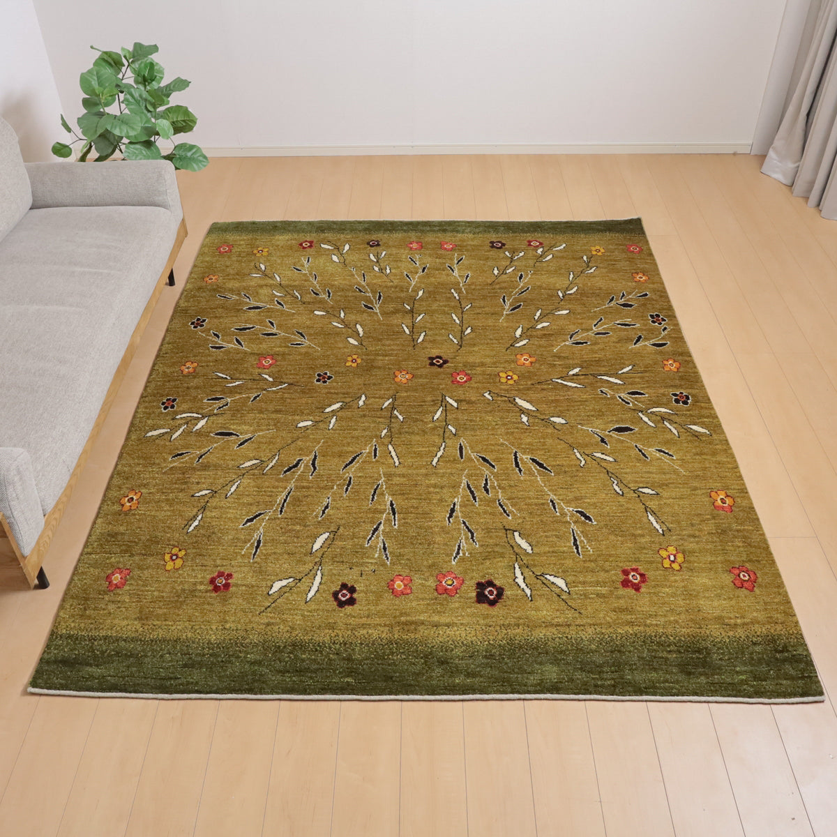 プレミアムギャッベ,リーズバフ,249×200cm,高級手織りウール,グリーン
