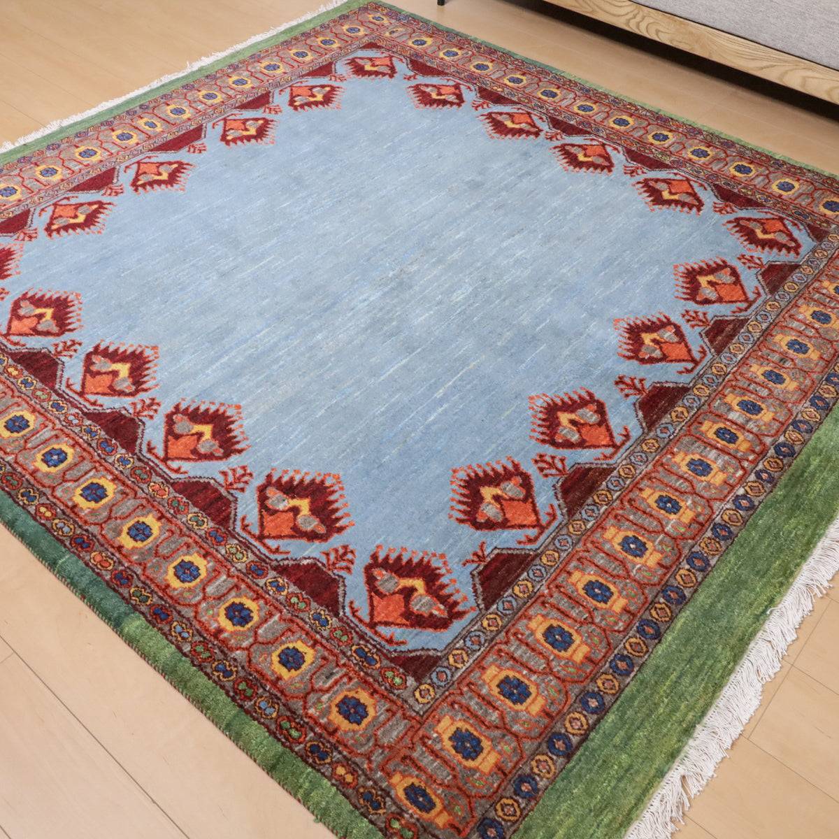 ギャッベ,ルリバフ,ラグ,209×202cm,手織り,ウール,ペルシャ絨毯,水色