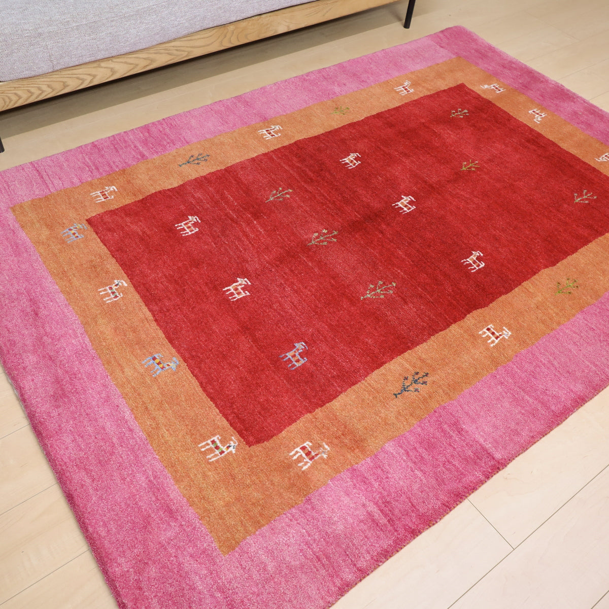 ギャッベ　ラグ　カーペット ギャッベ,ラグ,209×144cm,手織り,ウール,ペルシャ絨毯,ピンク×レッド