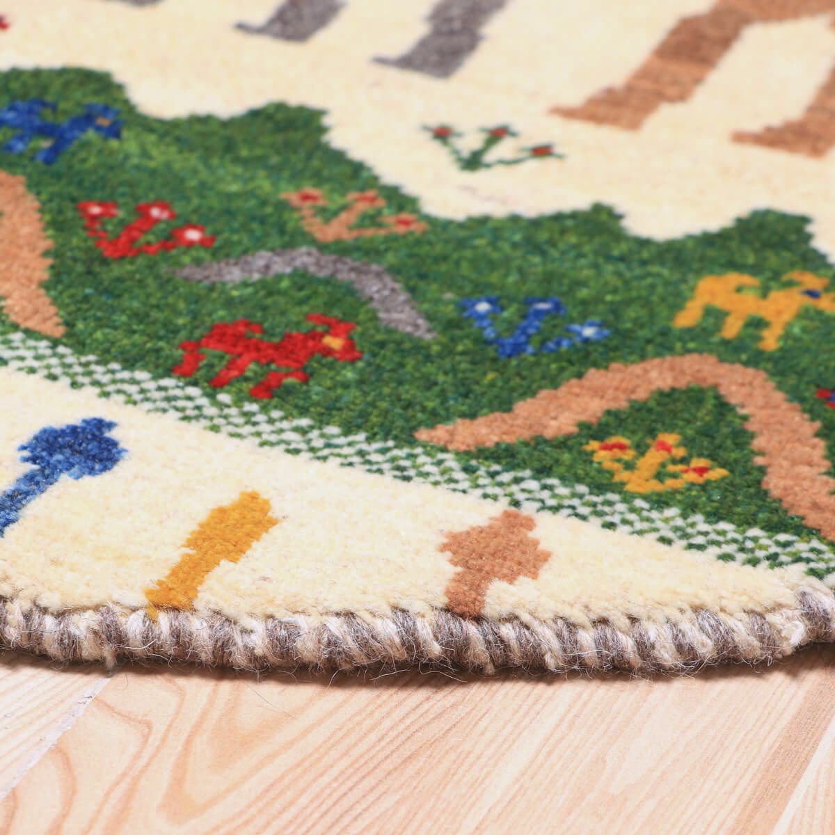 ギャッベ,カシュクリ,円形ラグ,ラクダとキャラバン柄,93×93cm,手織り