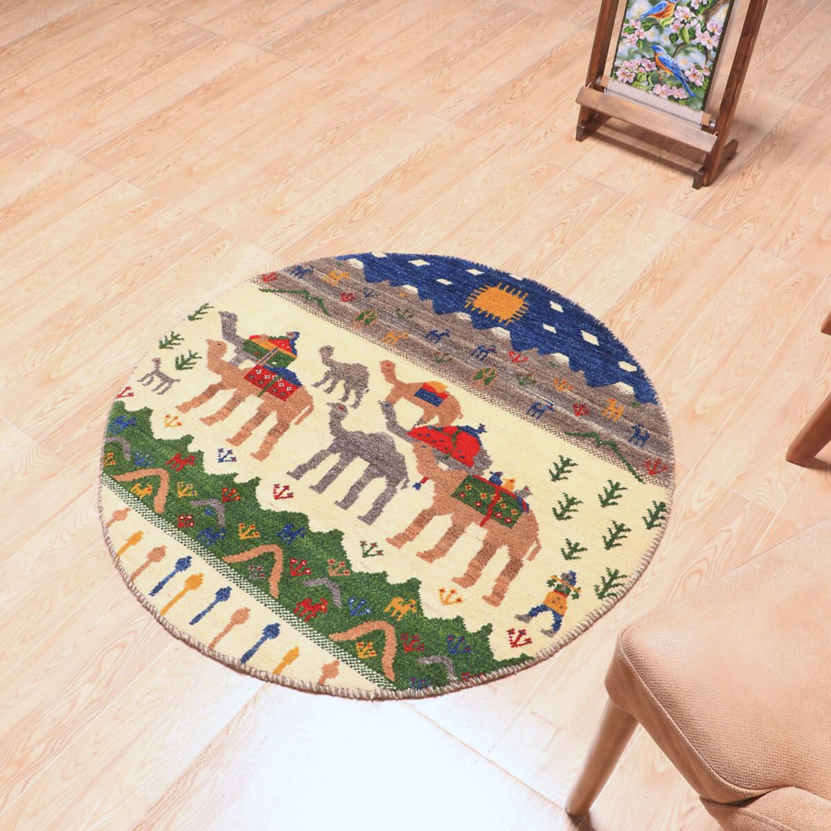 ギャッベ,カシュクリ,円形ラグ,ラクダとキャラバン柄,93×93cm,手織り