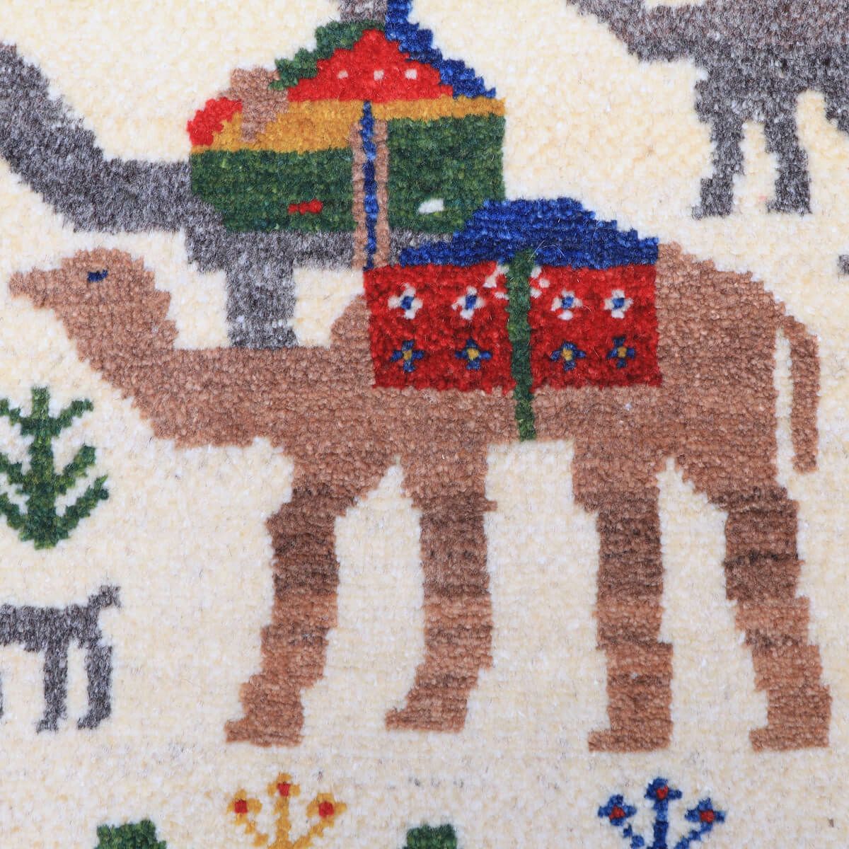 ギャッベ,カシュクリ,円形ラグ,ラクダとキャラバン柄,93×93cm,手織り