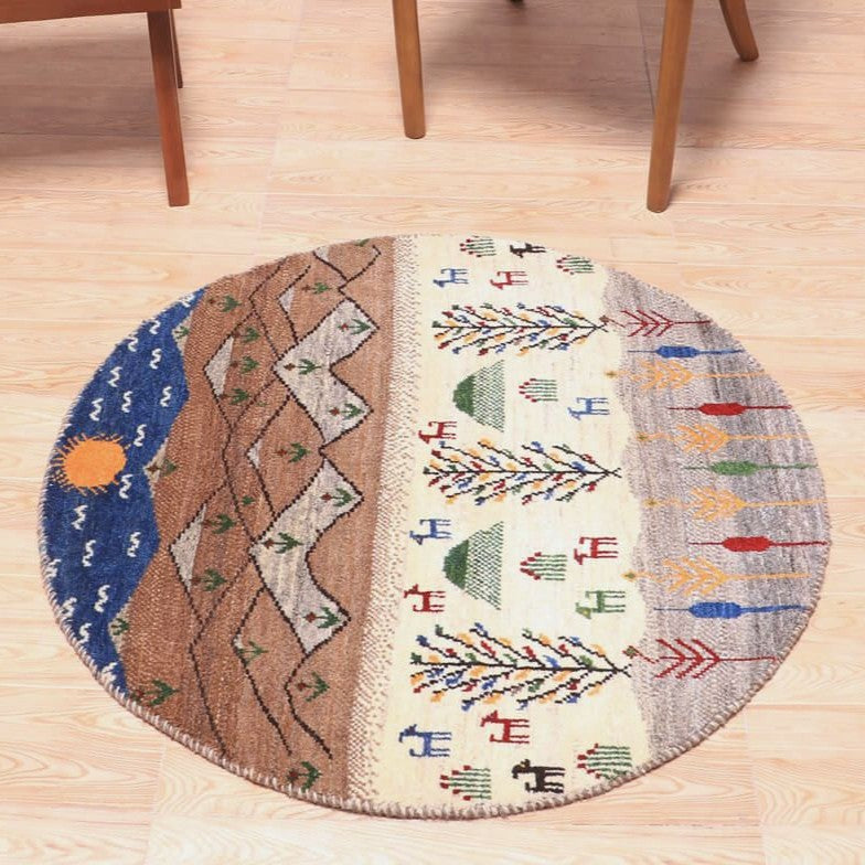ギャッベ,カシュクリ,円形ラグ,風景柄,太陽と山と鹿,94×94cm,手織り 