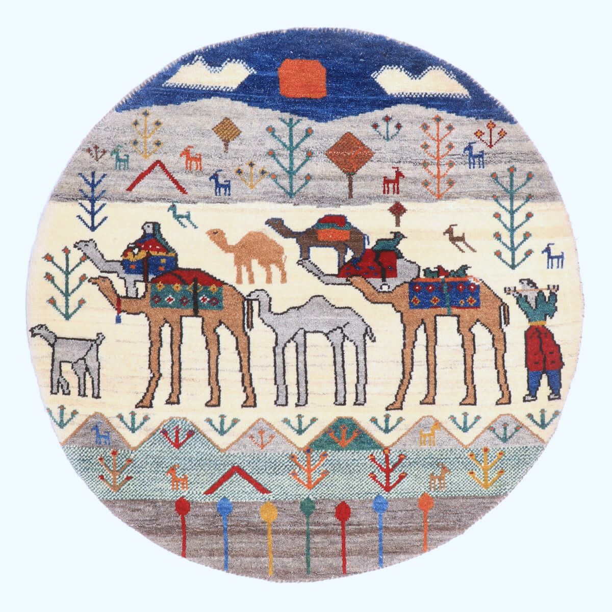 ギャッベ,カシュクリ,円形ラグ,ラクダ柄,96×96cm,手織り,ウール絨毯