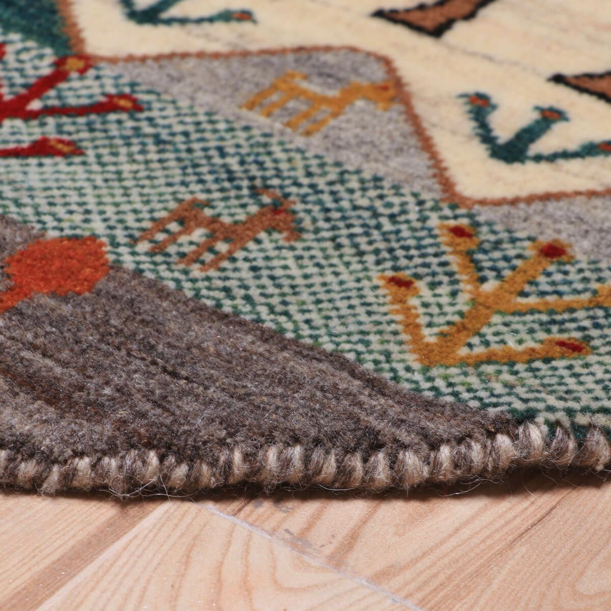 ギャッベ,カシュクリ,円形ラグ,ラクダ柄,96×96cm,手織り,ウール絨毯