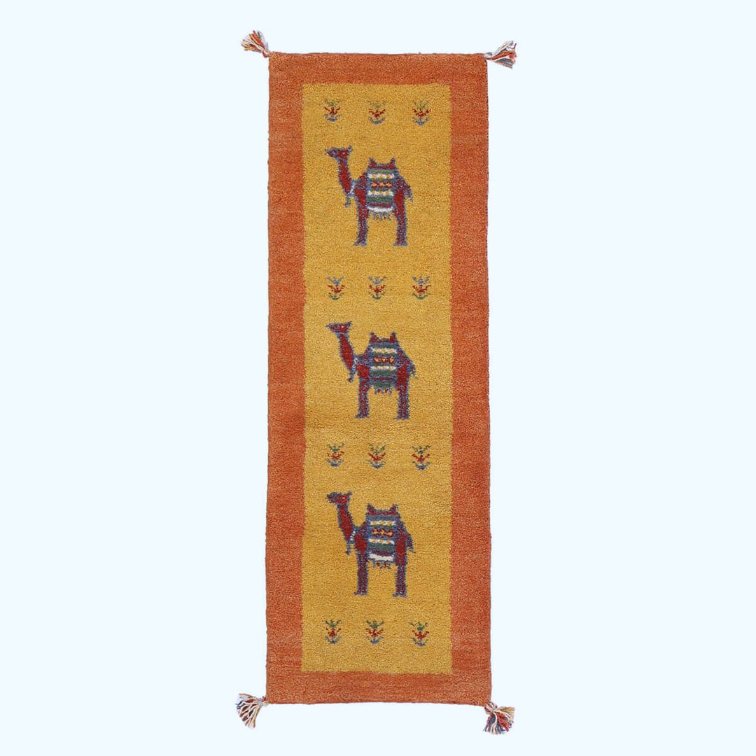ギャッベ（ギャベ）カシュクリ黄色と茶色が美しい手織りラグ 144×49cm（HR-70248）