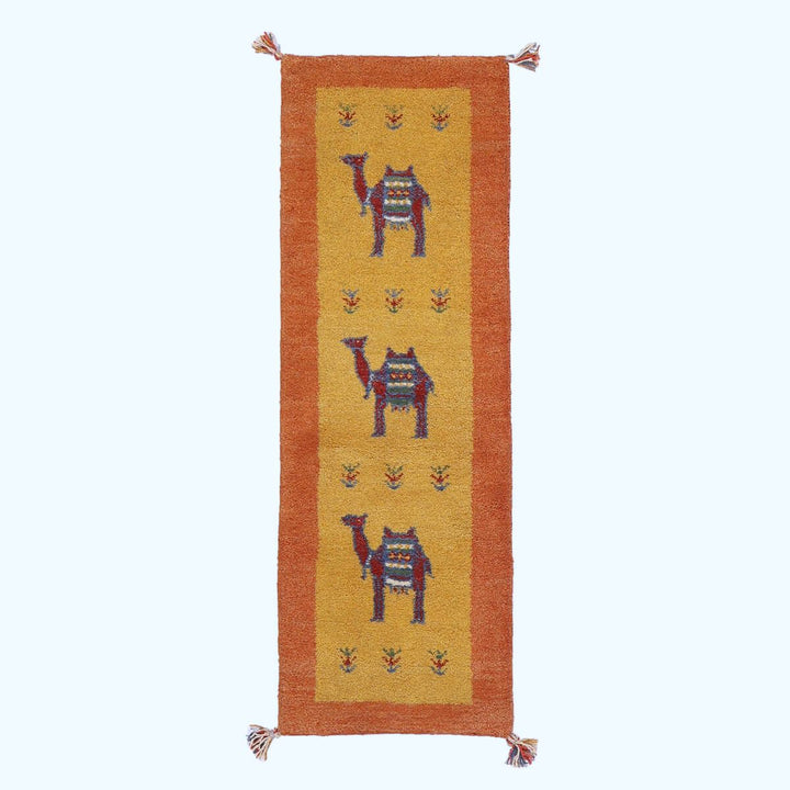 ギャッベ（ギャベ）カシュクリ黄色と茶色が美しい手織りラグ 144×49cm（HR-70248）