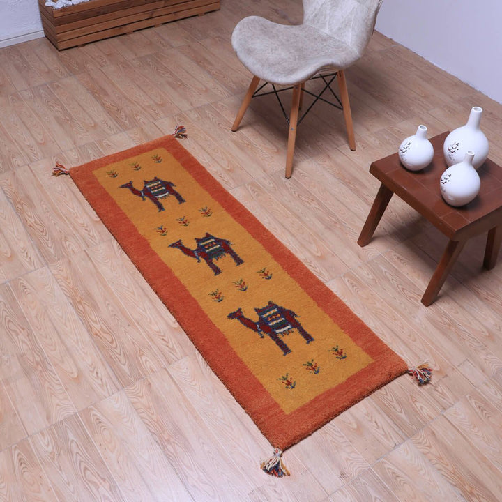 ギャッベ（ギャベ）カシュクリ黄色と茶色が美しい手織りラグ 144×49cm（HR-70248）