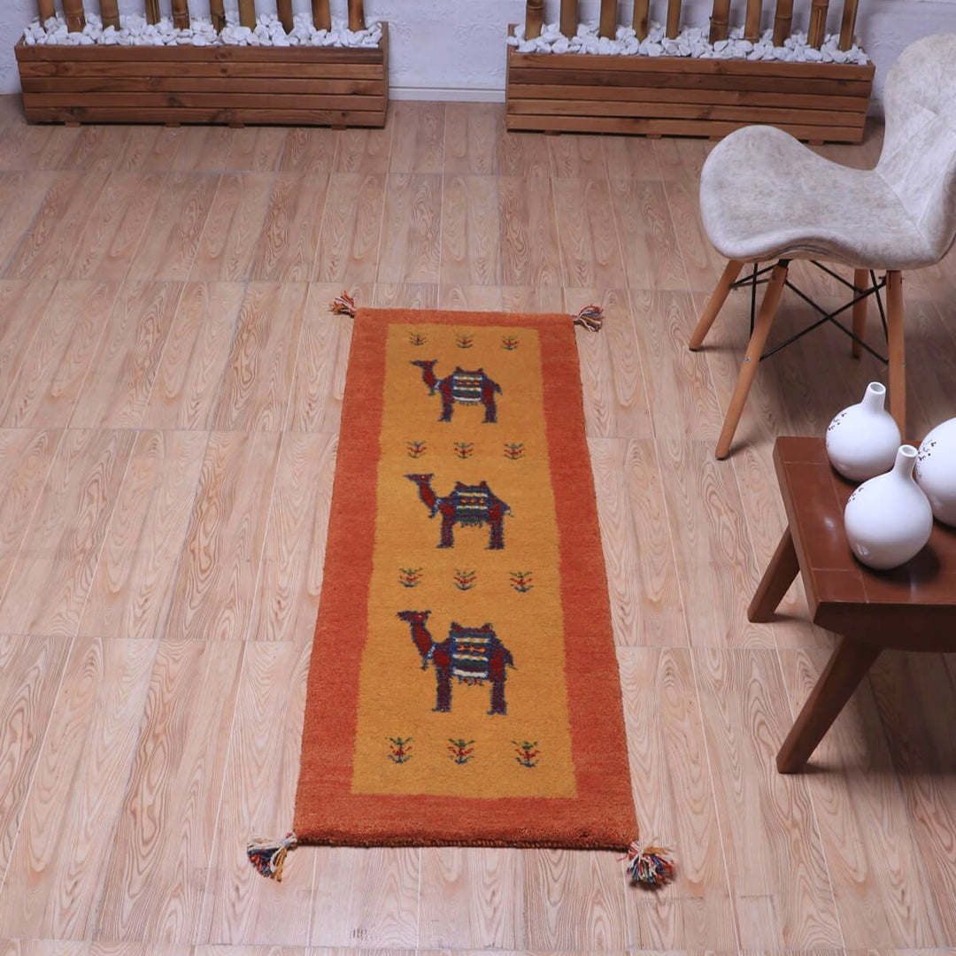ギャッベ（ギャベ）カシュクリ黄色と茶色が美しい手織りラグ 144×49cm（HR-70248）