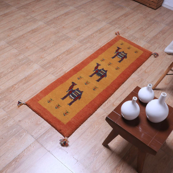 ギャッベ（ギャベ）カシュクリ黄色と茶色が美しい手織りラグ 144×49cm（HR-70248）