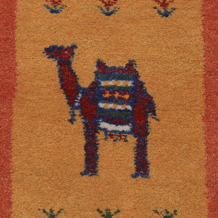 ギャッベ（ギャベ）カシュクリ黄色と茶色が美しい手織りラグ 144×49cm（HR-70248）