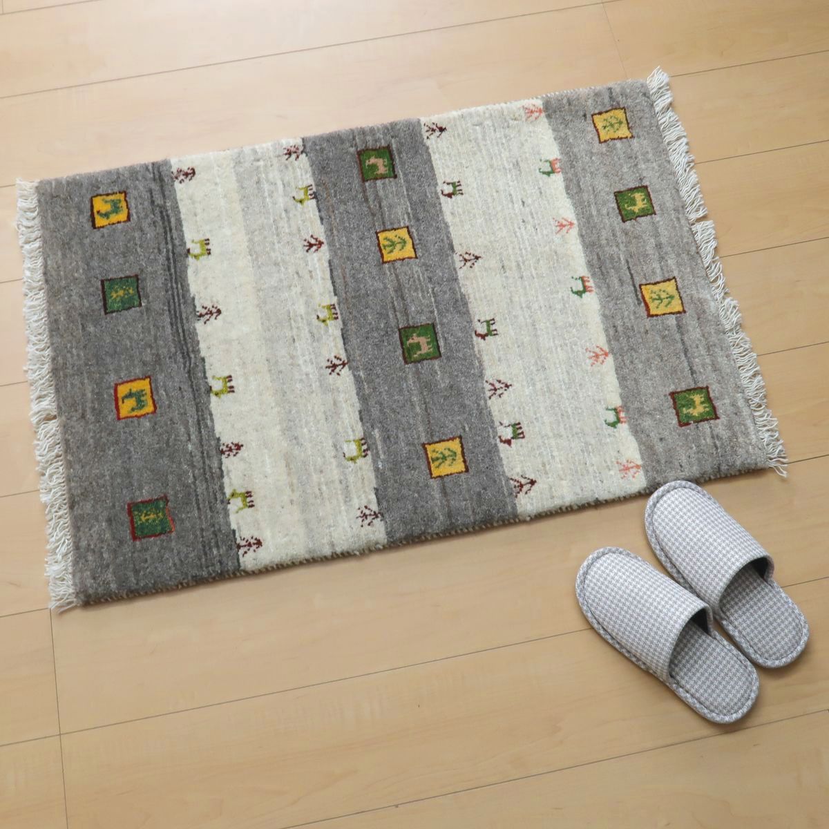 手織りギャッベ（カシュクリ）ラグ,90×61cm｜高品質ウール,グレー