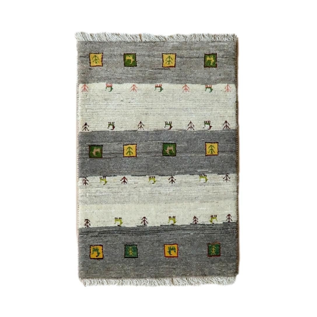 手織りギャッベ（カシュクリ）ラグ,90×61cm｜高品質ウール,グレー
