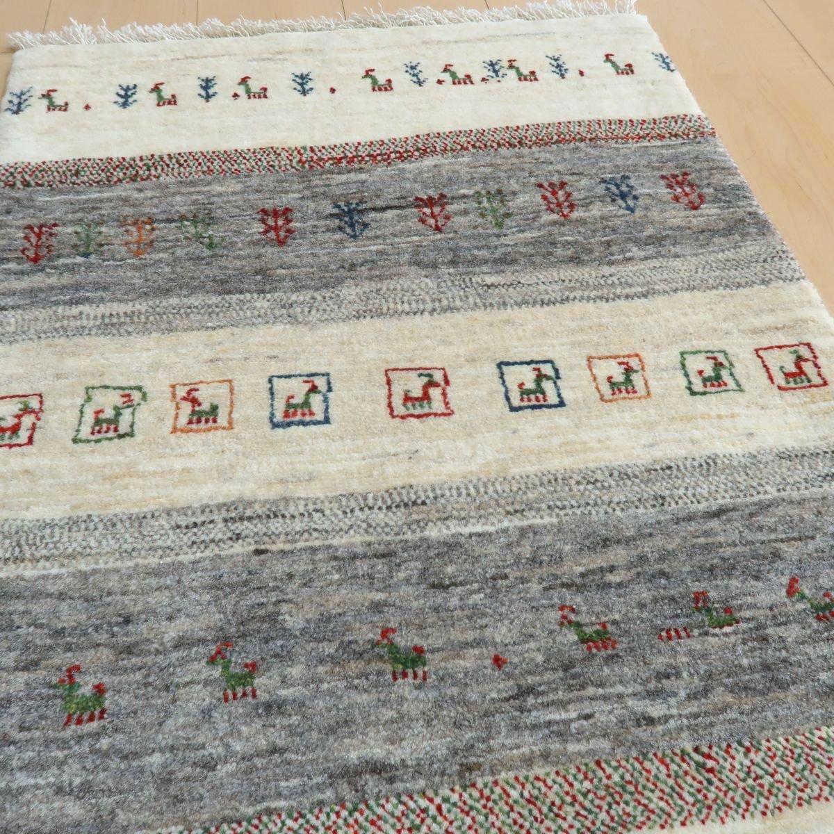 手織りギャッベ（カシュクリ）ラグ,87×63cm｜高品質ウール,ナチュラル