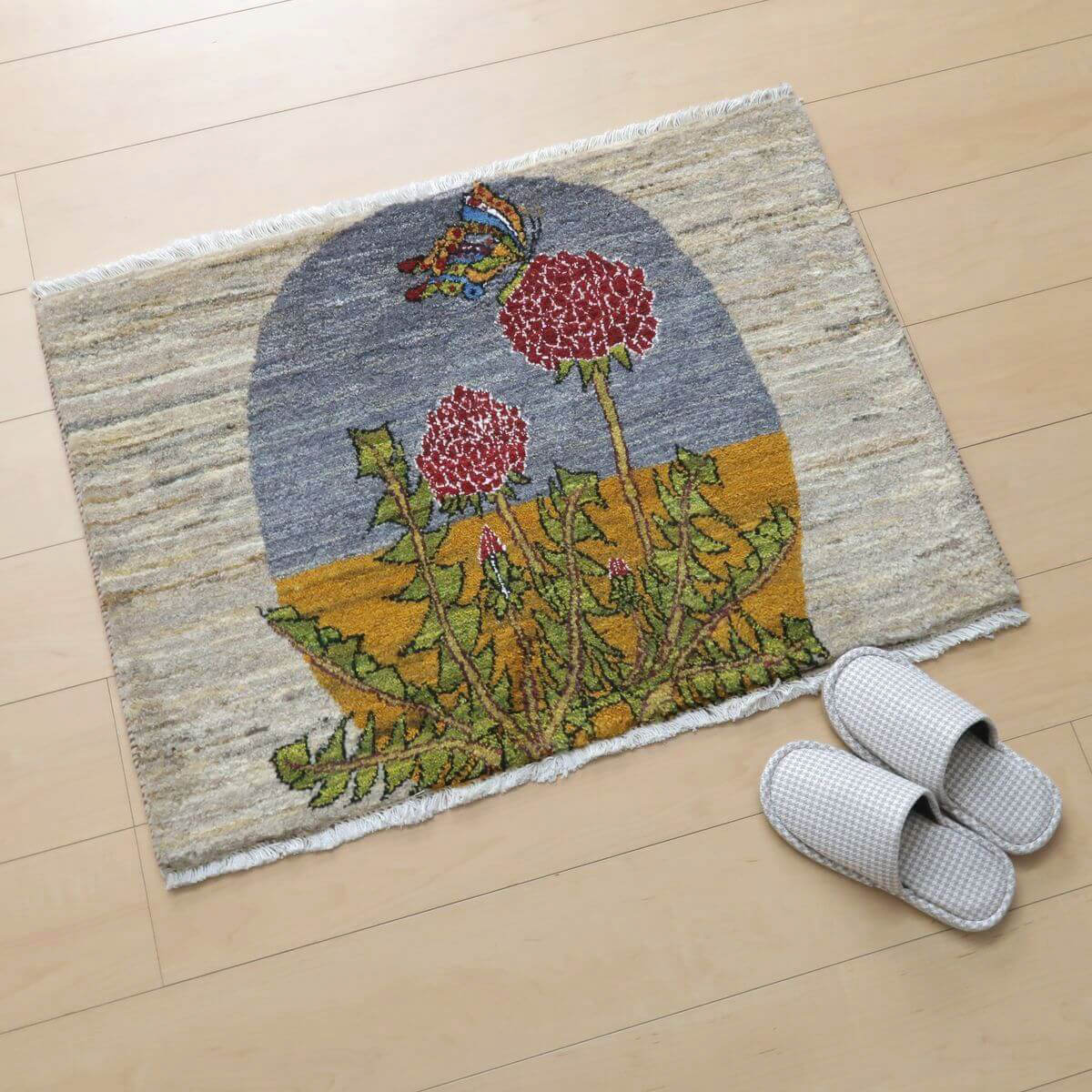 手織りギャッベ（カシュクリ）ラグ,65×90cm｜花と蝶のアートデザイン