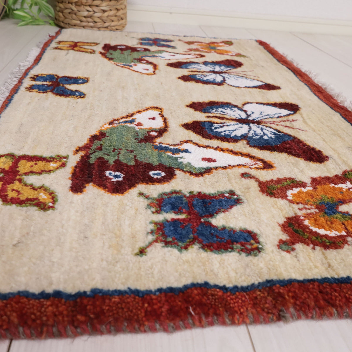 ギャッベ絨毯,ルリバフ,54×90cm｜手織りウールラグ,アイボリー