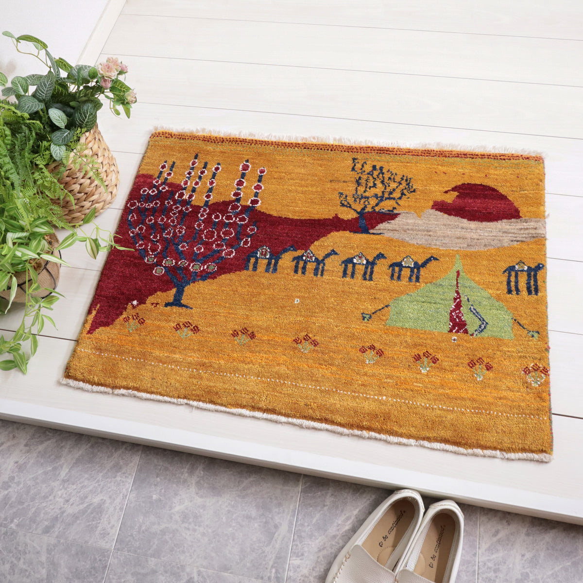 ギャッベ絨毯,ルリバフ,62×85cm｜手織りウールラグ,夕日とキャラバン
