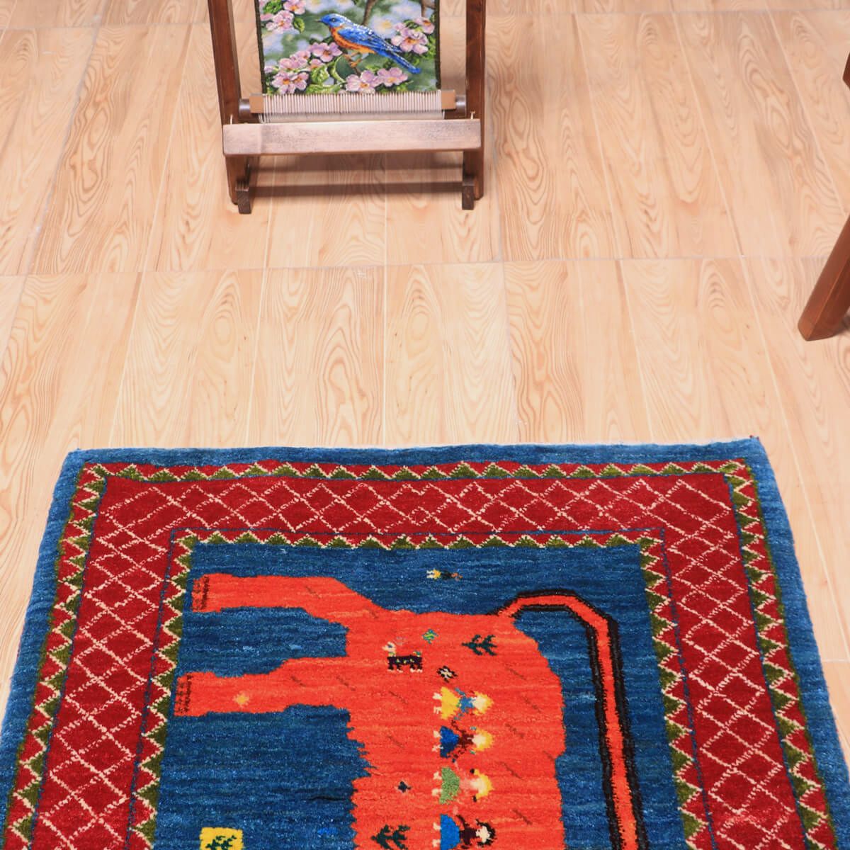 新品　イラン　ギャッベ　ウール　ペルシャ絨毯　ルリバフ ギャッベ絨毯,ルリバフ,106×77cm｜手織りウールラグ,ライオンモチーフ