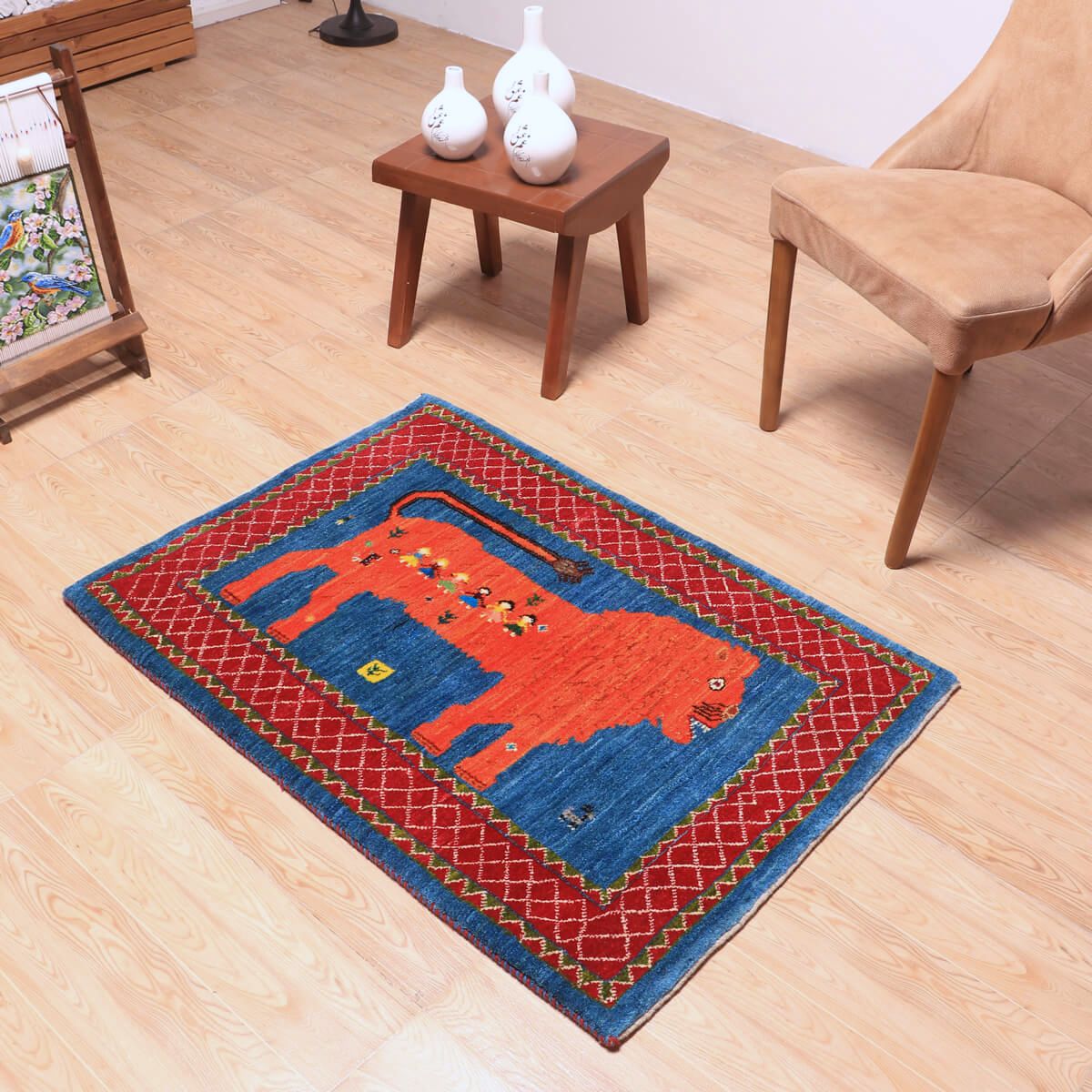 ギャッベ絨毯,ルリバフ,106×77cm｜手織りウールラグ,ライオンモチーフ