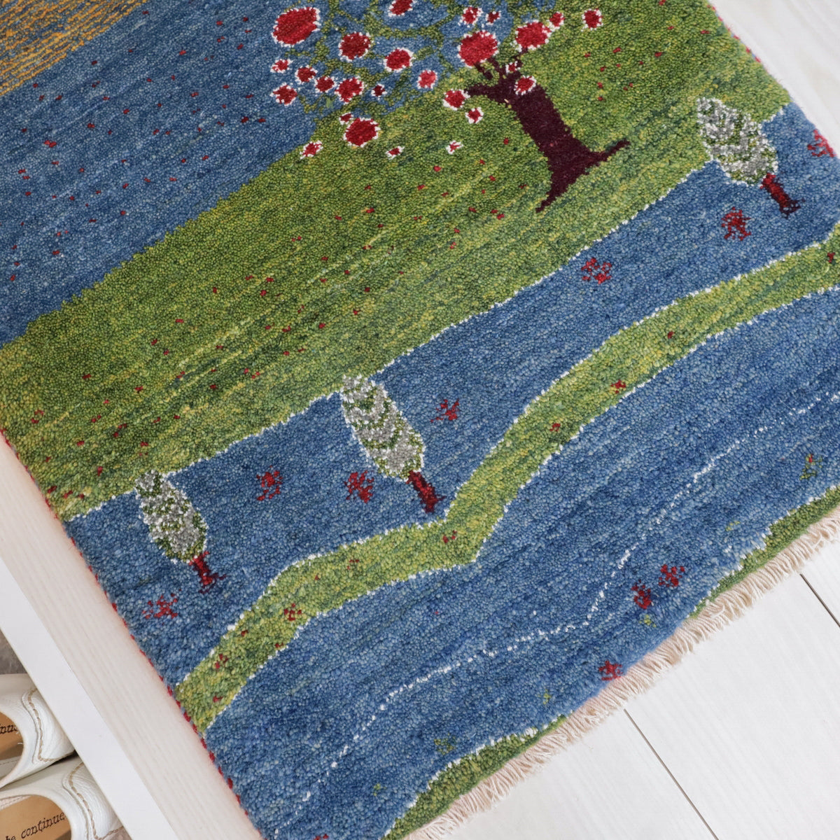 ギャッベ,ルリバフ,89×60cm｜手織りウールラグ・カラフル自然風景