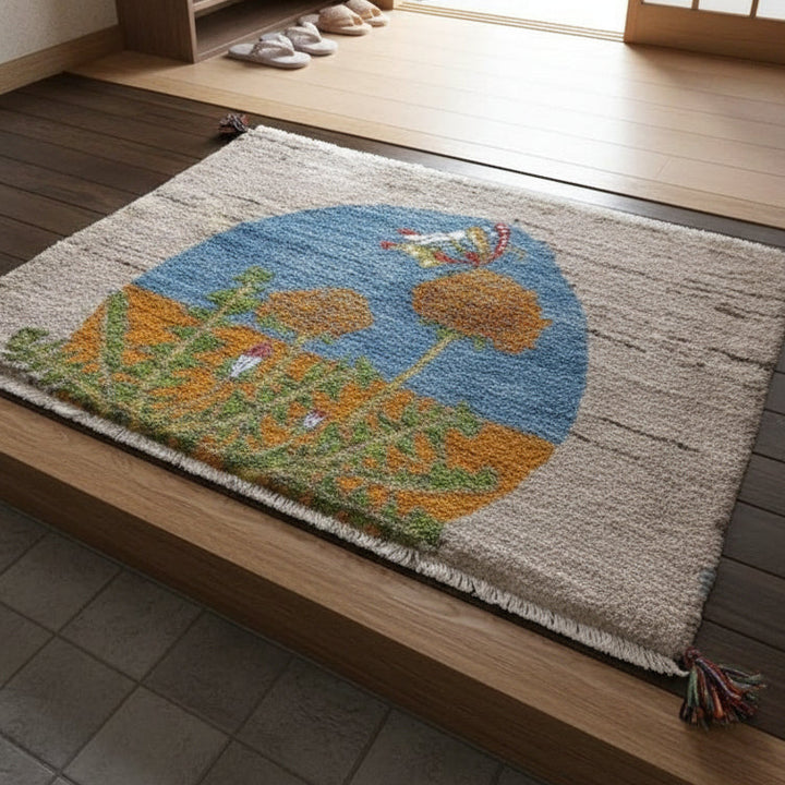 手織りの温かみが感じられるウール製ギャッベラグが、ペルシャ絨毯専門店の通販で手に入るカラフルな模様が際立っている。