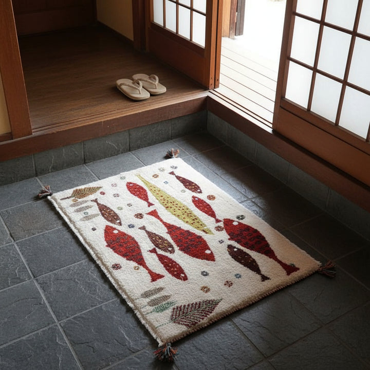 ギャッベ／ルリバフ 63×92cm（HSS-77740）は、手織りのウール素材で丁寧に作られたギャッベは、温かみのあるペルシャ絨毯の魚模様がリビングの床に美しく映えている。