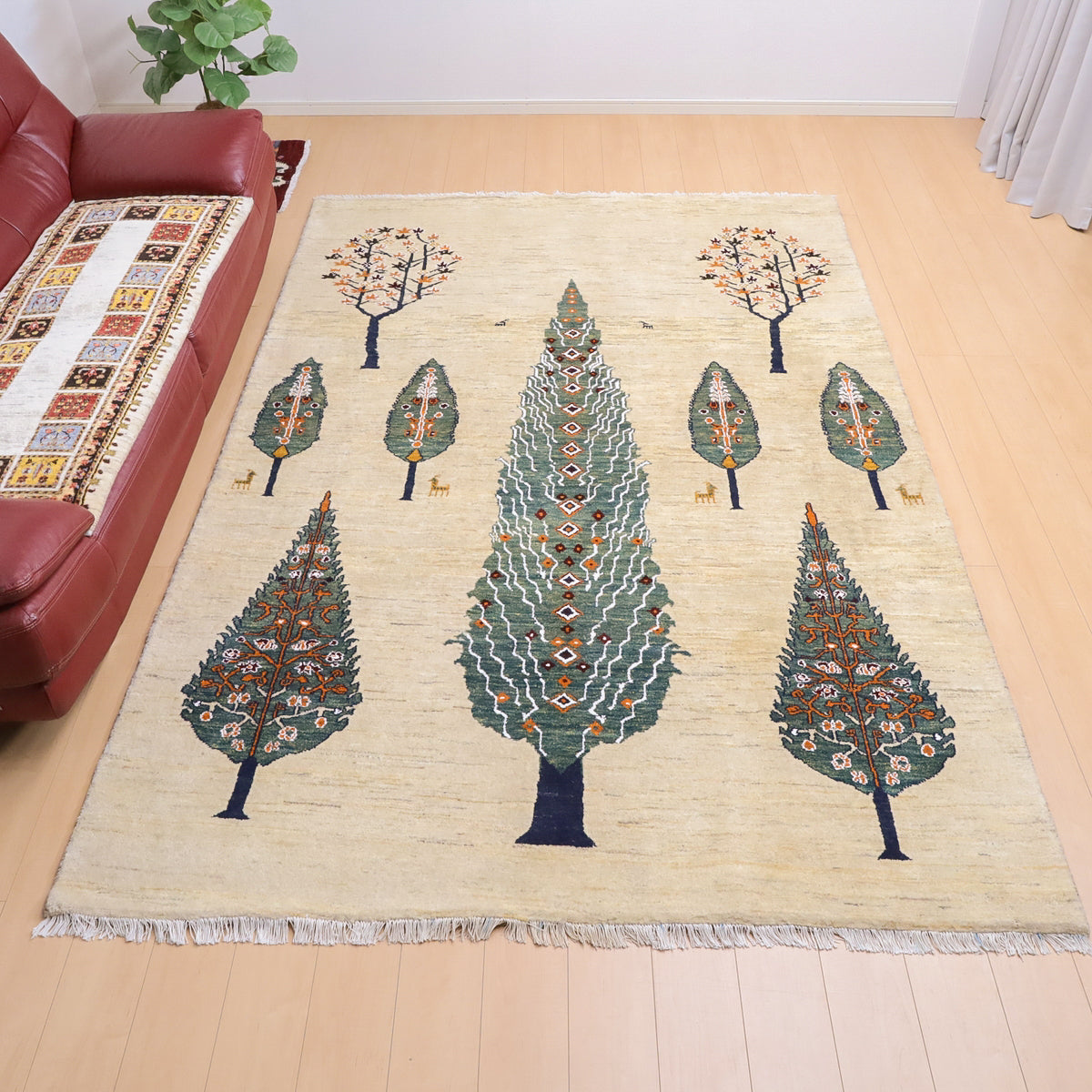 ギャッベ,ルリバフ,291×194cm｜高級ペルシャ手織りラグ,アイボリー,森