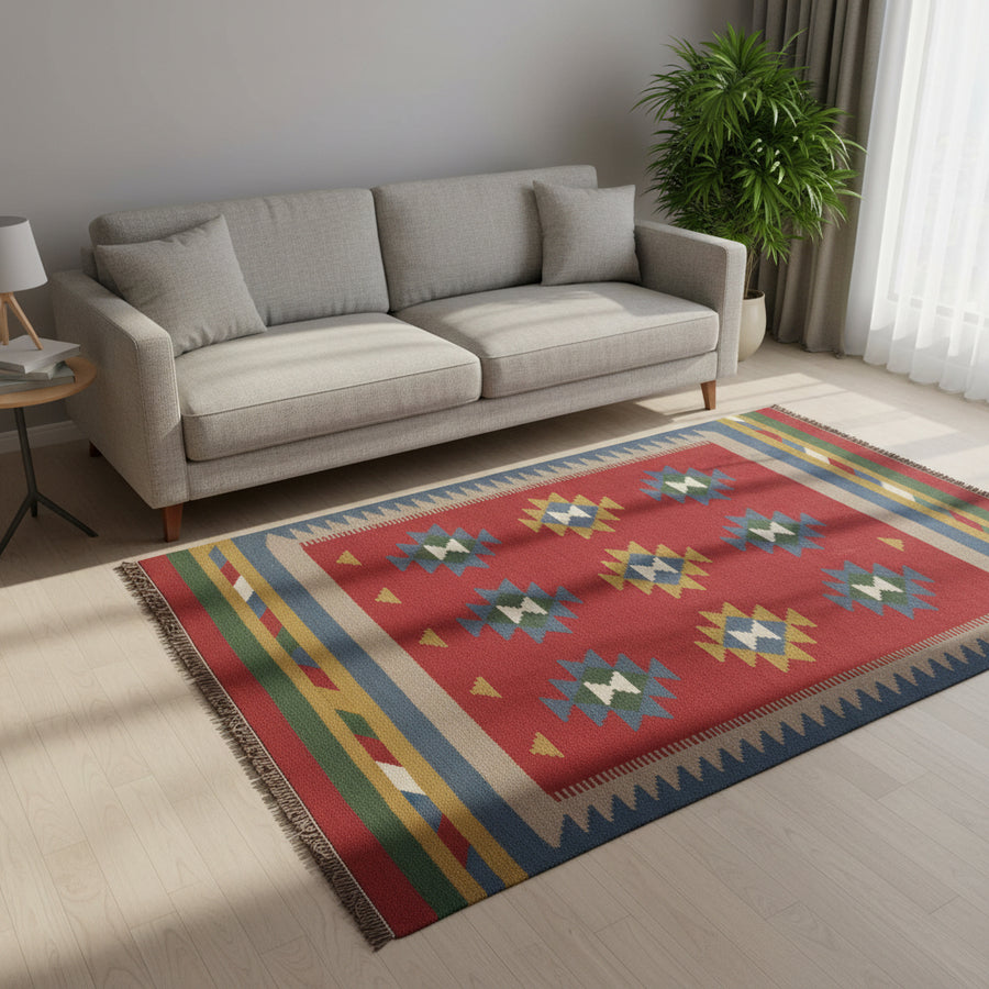 赤いソファの前に、幾何学模様が特徴的な手織りのウール製ギャッベのラグが、落ち着いた雰囲気でリビングに敷かれている。